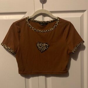 SHEIN Brown Top with Leopard Print Accent